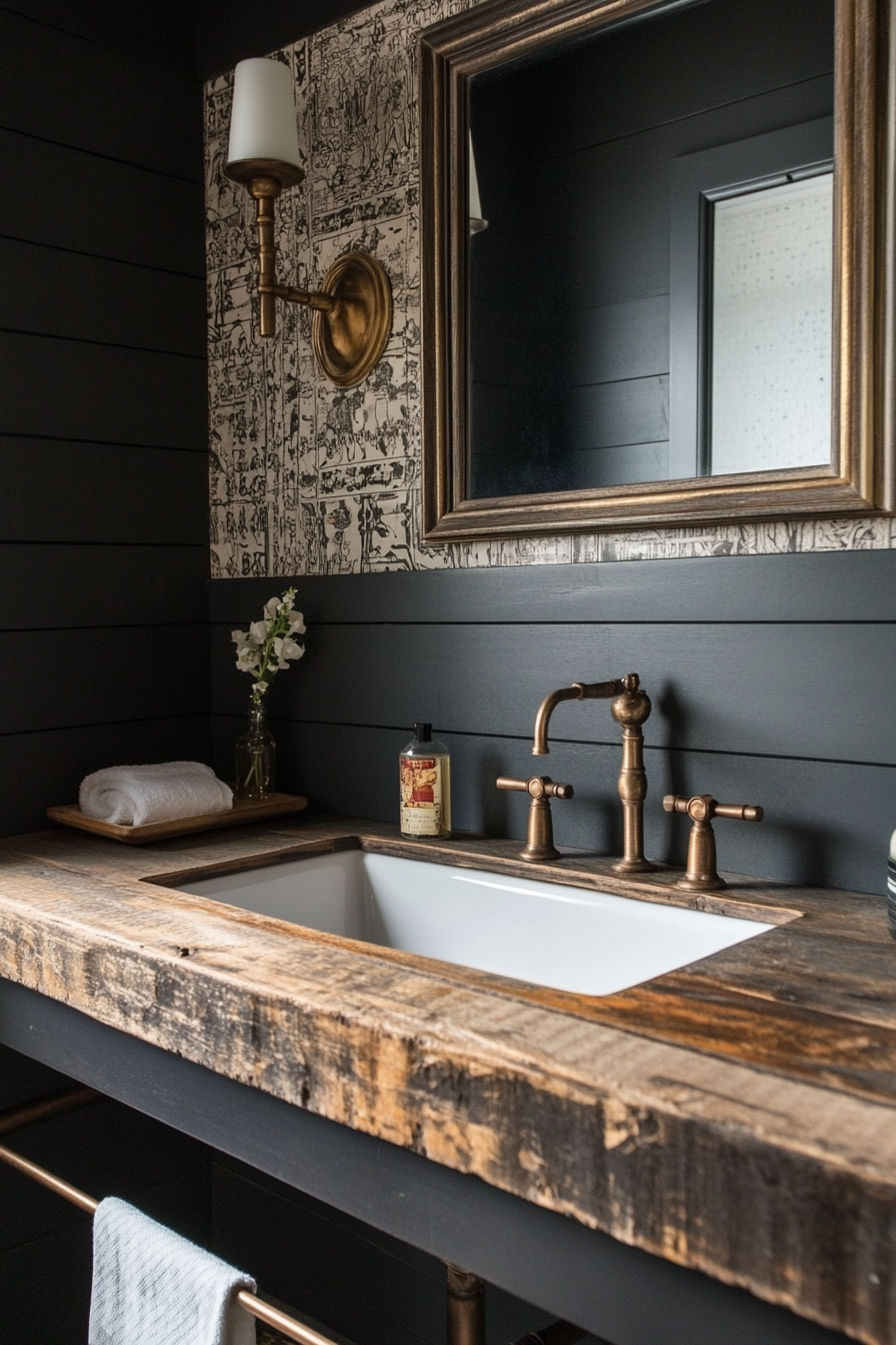 Glam-Rustic bathroom. Repurposed barnwood vanity with gold accents.