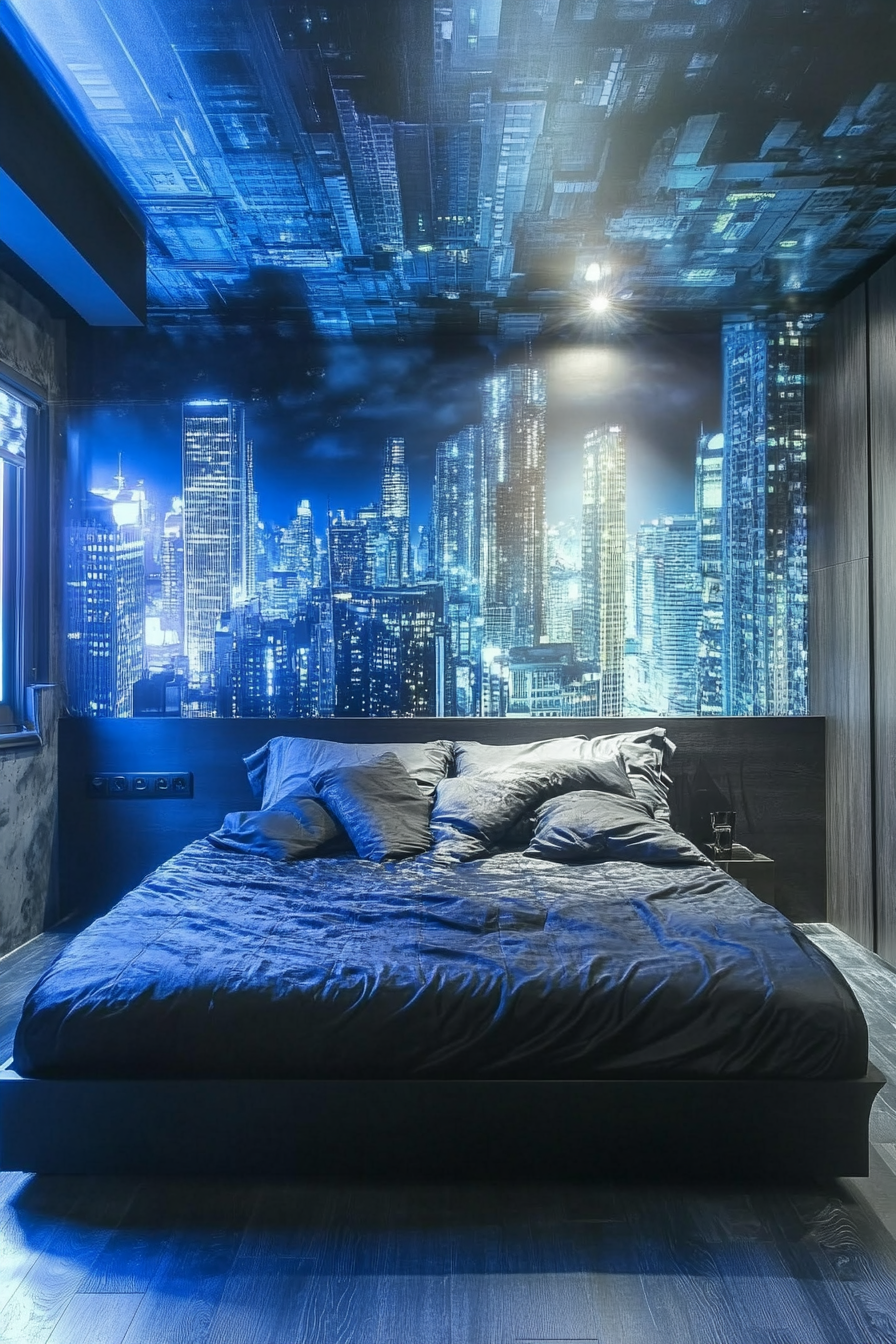 Bedroom design. Zero gravity bed with textured blue cityscape mural wall.