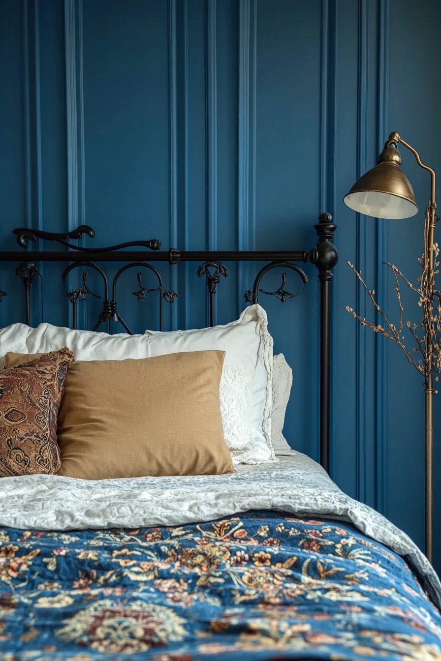 Bedroom design. Blue accent wall beside an ornate iron bedspread.