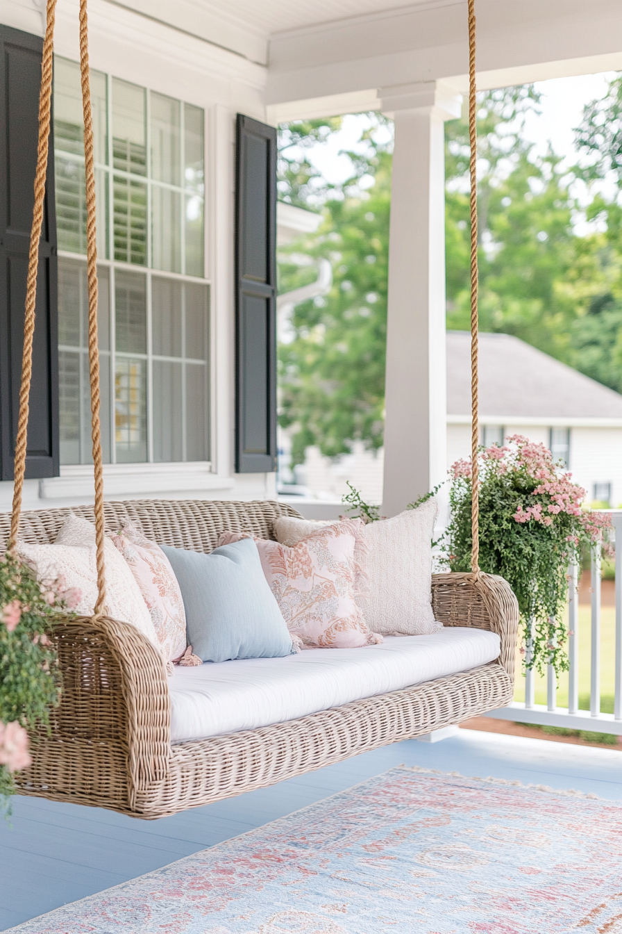 Front porch design. Wicker swing bench with soft pastel throw pillows.