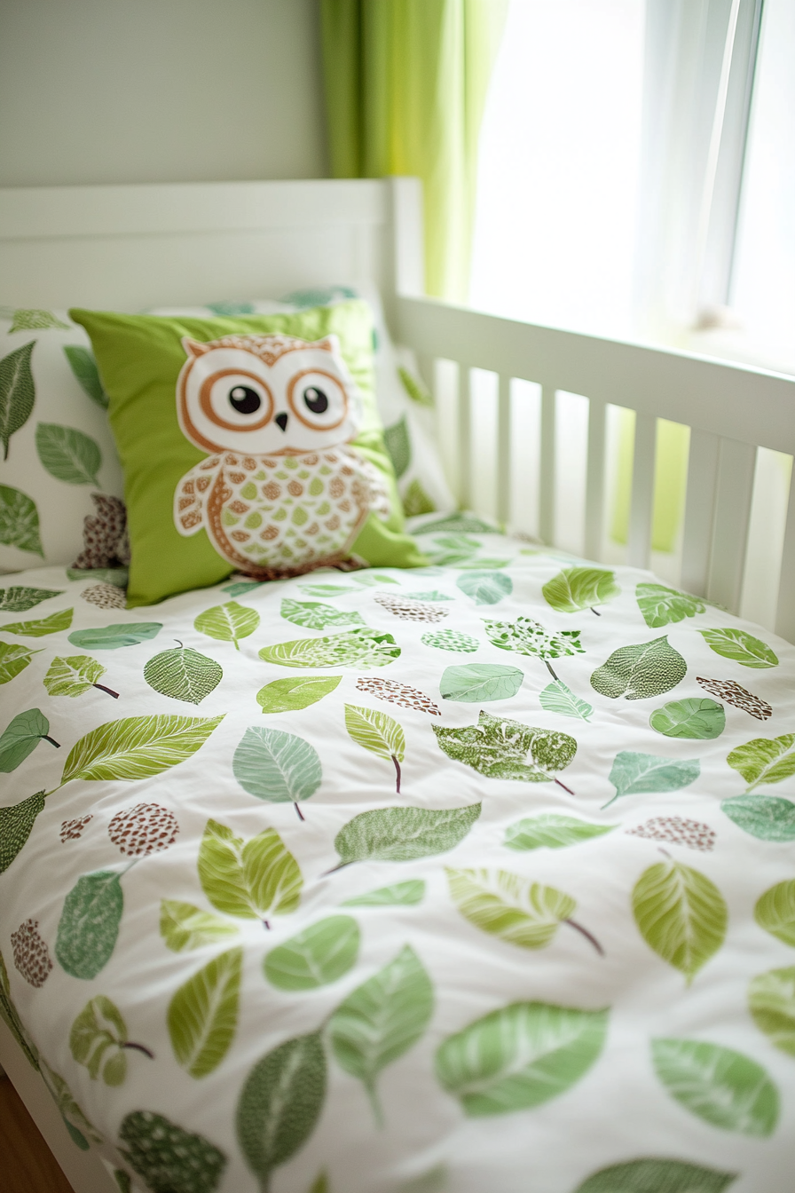 Woodland nursery. Green leaf-patterned bedding with matching owl pillow.