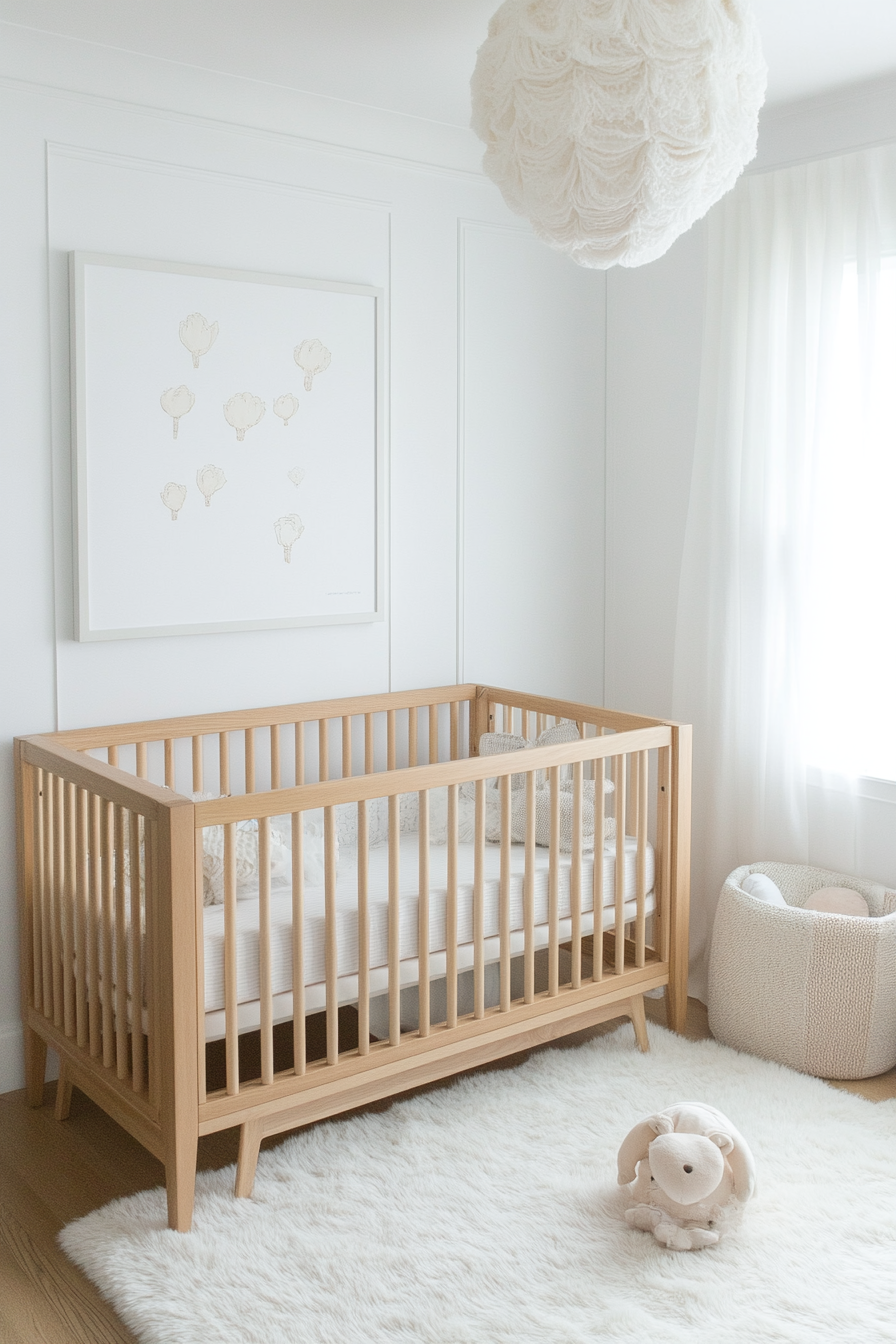 Contemporary baby room. Minimalistic design with pastel-themed elements and wooden crib