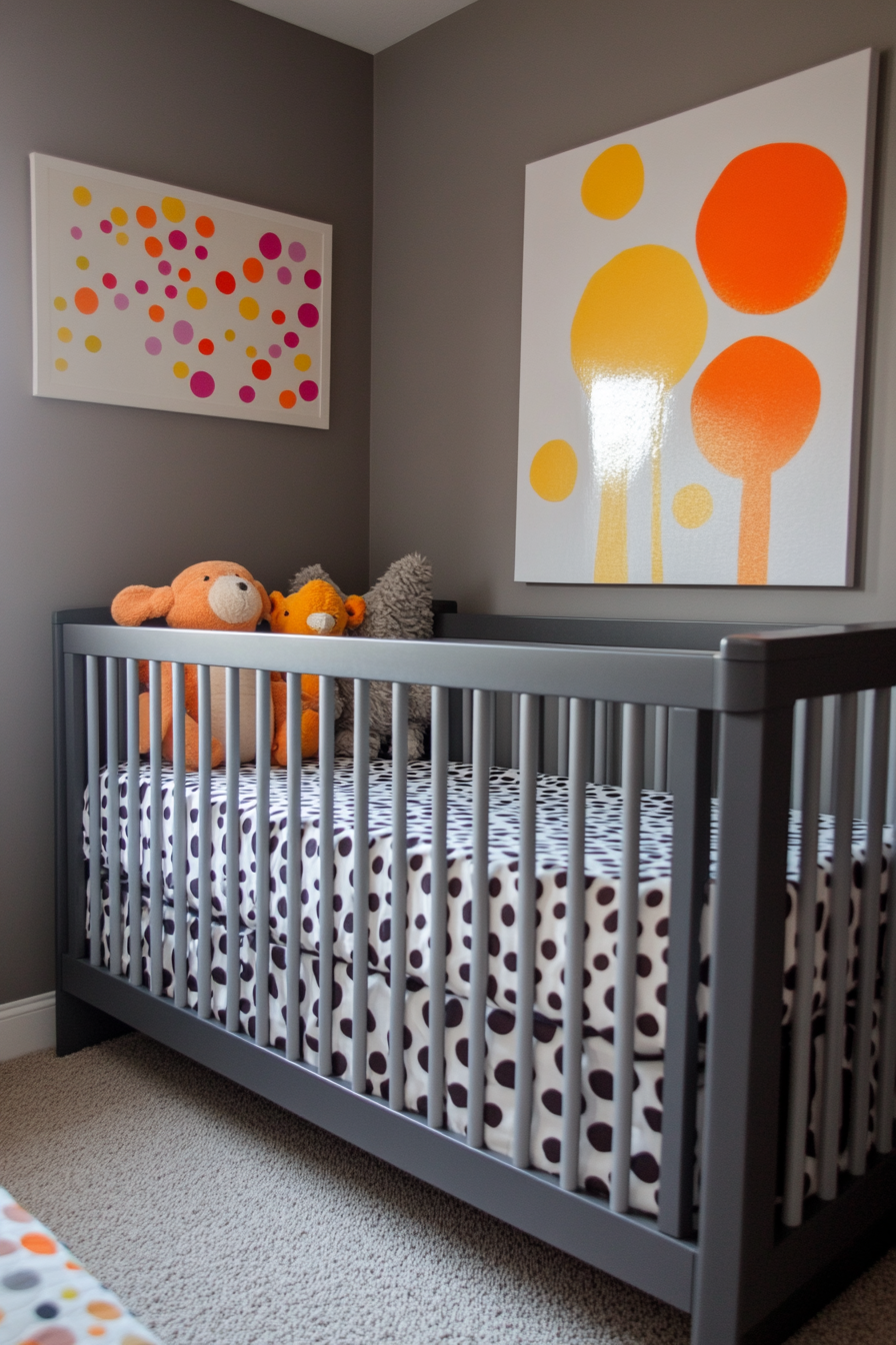 Contemporary baby room. Grey crib with polka dot bedding.