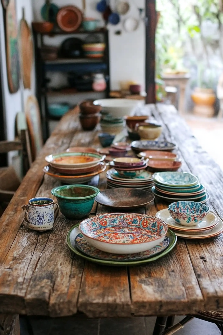 Bohemian kitchen style: rustic wooden table adorned with mismatched china.