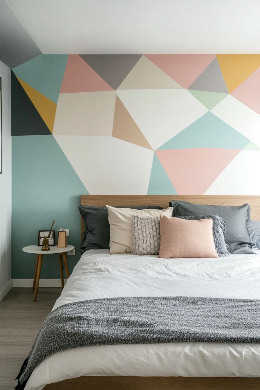 Bedroom design. Wall painted in geometric patterns with pastel colors.