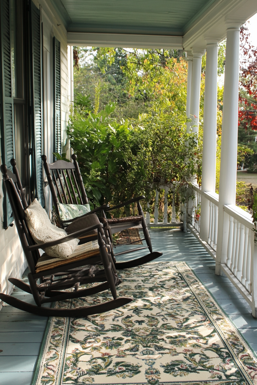 Front porch design. Vintage rocking chair with a twirling vine patterned rug.