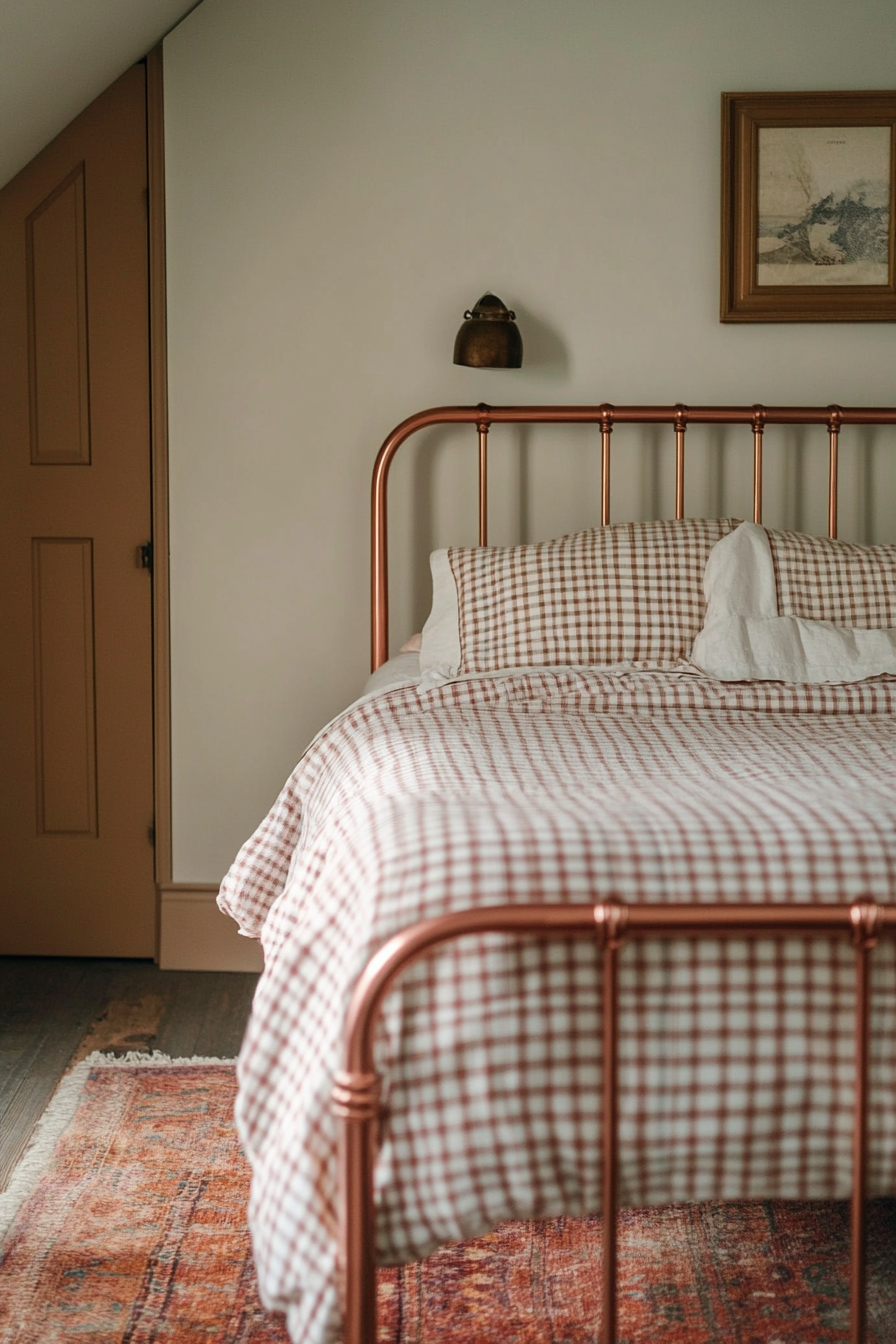 Bedroom. copper bed frame with gingham patterned bedding.