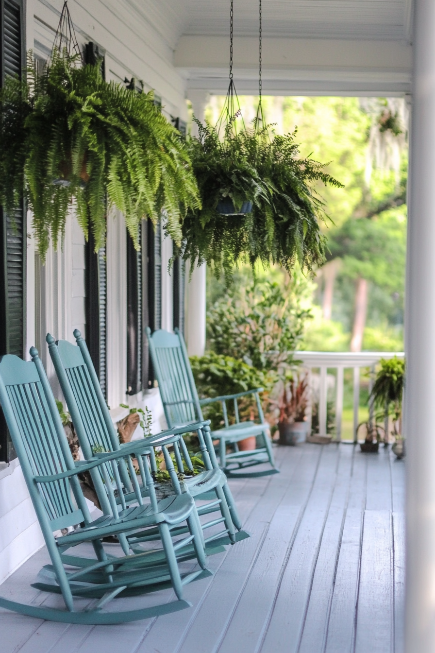 Front porch design. Hanging ferns and blue-shade painted wooden rocking chairs.