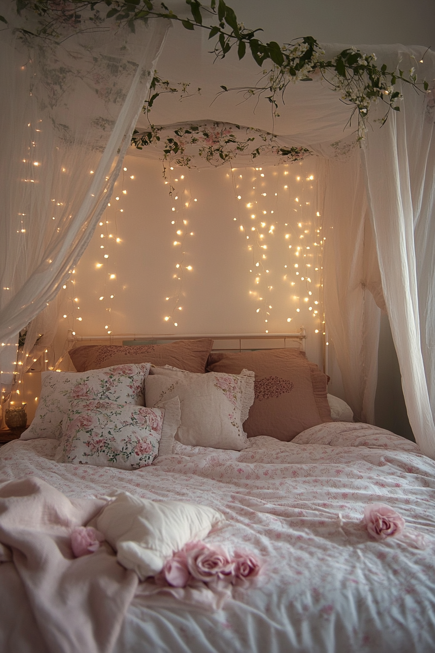 Bedroom design. Canopy bed ornamented with fairy lights and dusky rose bedding.