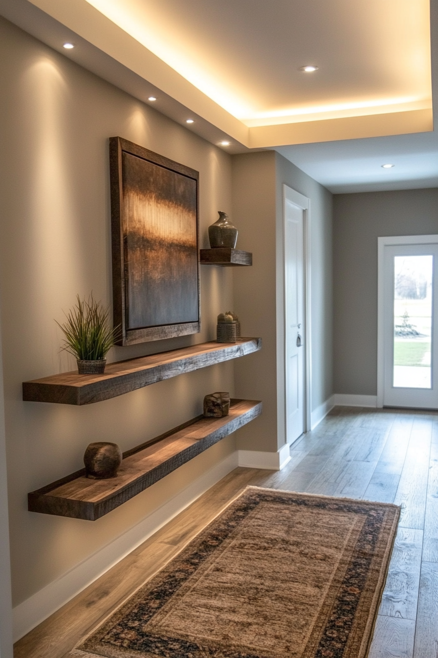 Entryway design. Floating shelves with statement wall art and a single muted-colored rug.