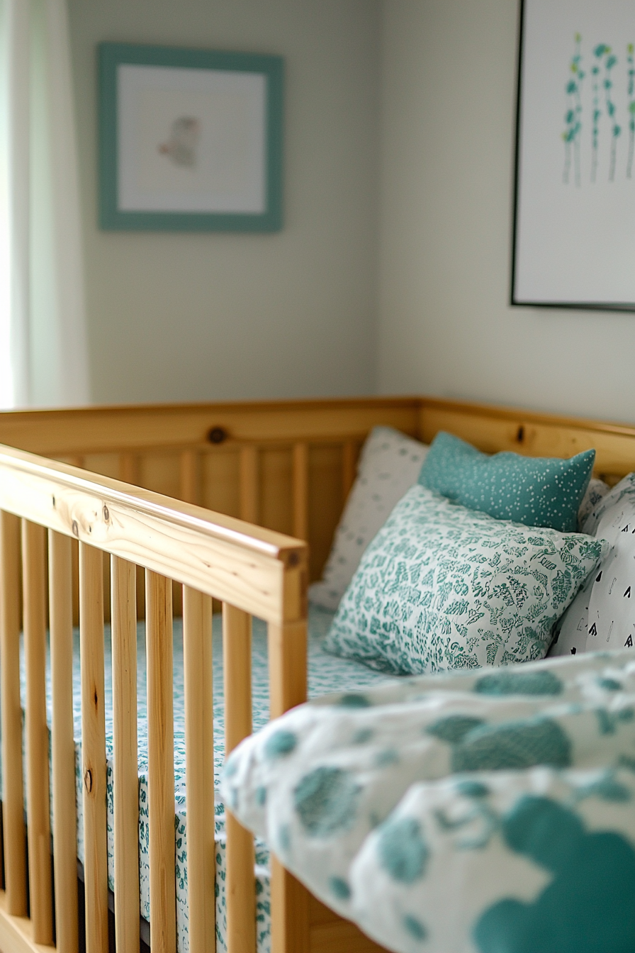 Contemporary baby room. Pine wood crib with teal bedding.