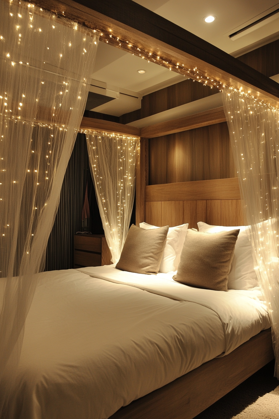 Bedroom design. Canopy bed with fairy light curtains.