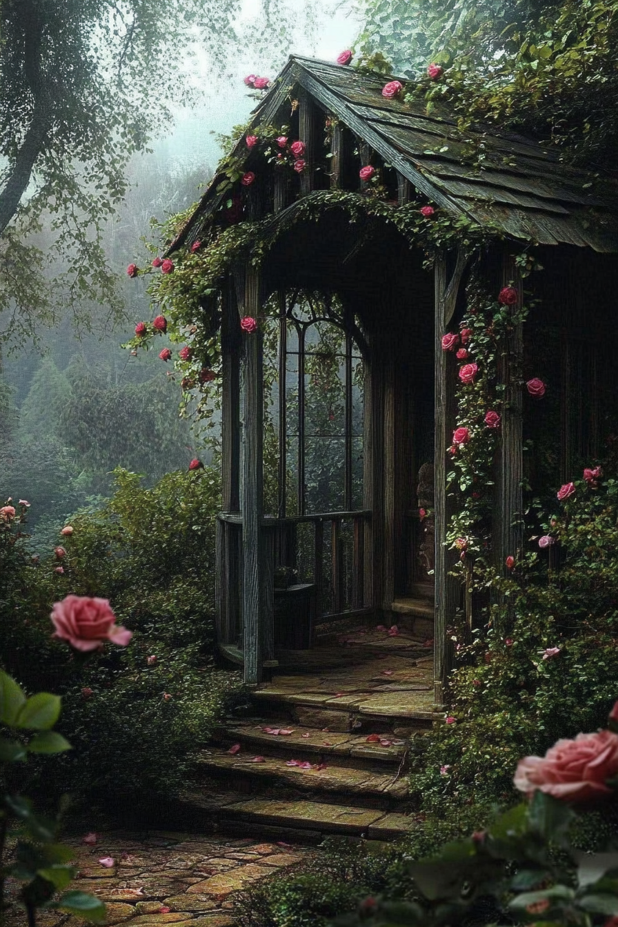 Backyard Garden Retreat. Wooden pergola surrounded by ivy and roses.