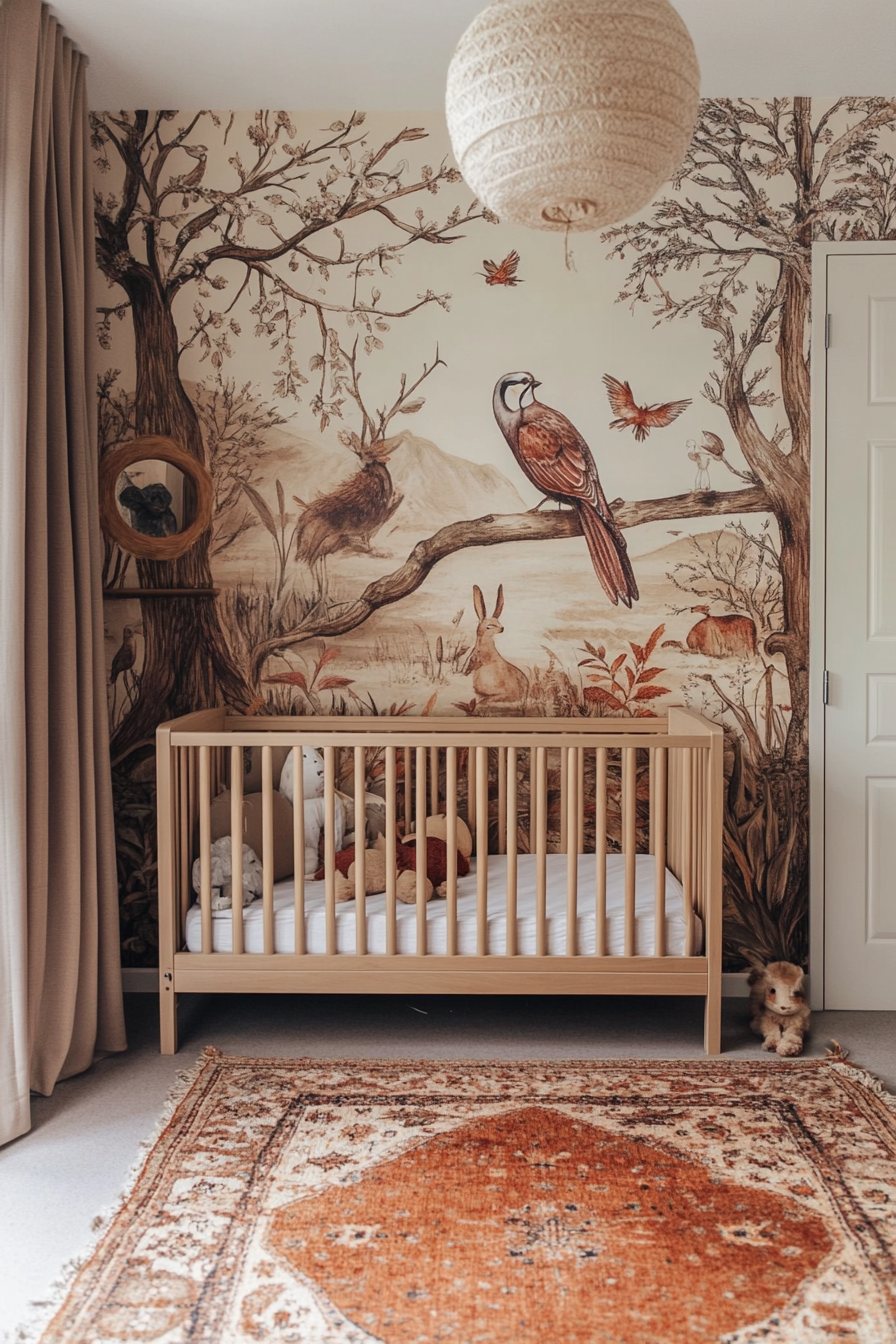 Woodland nursery. Mural of magical forest creatures on warm-toned walls.