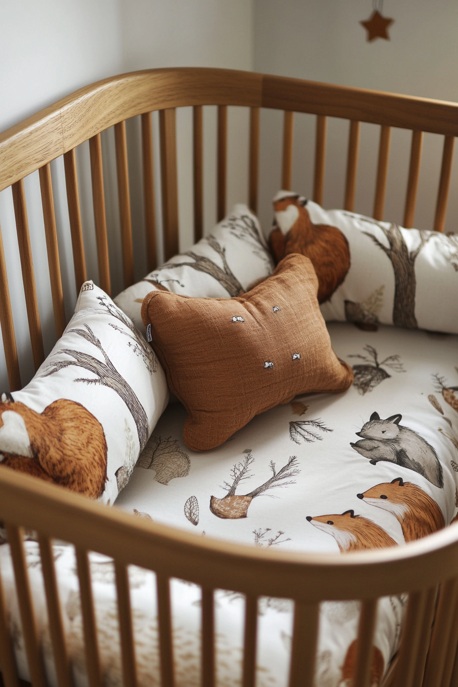 Woodland nursery. A baby crib made of oak with squirrel-shaped pillows and fox printed sheets.