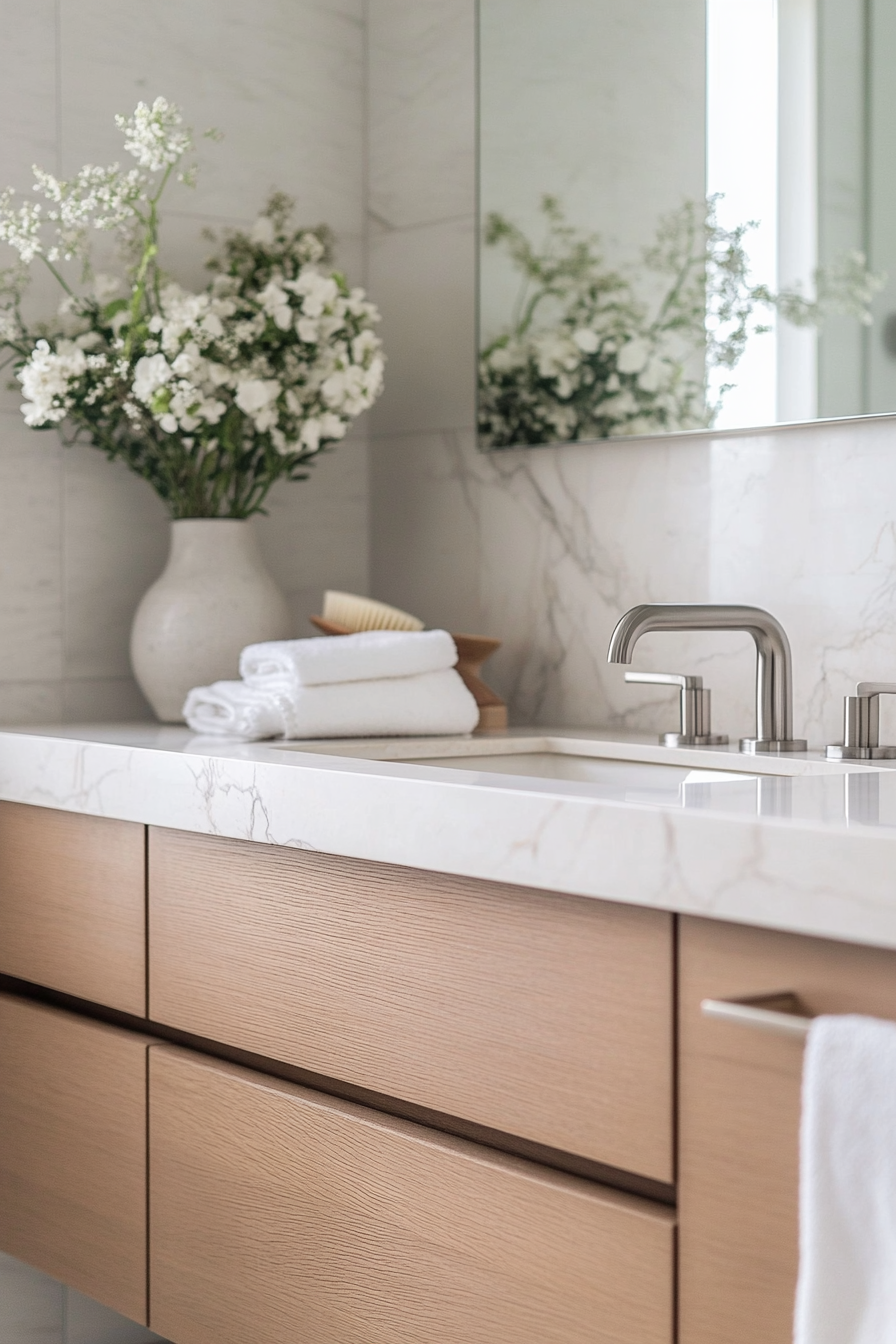 Modern bathroom update. Floating vanity with marble top.