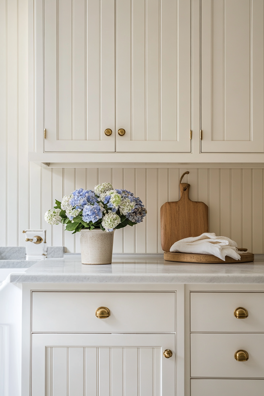 Laundry room. Classic white cabinets with polished brass hardware and an antique washboard.