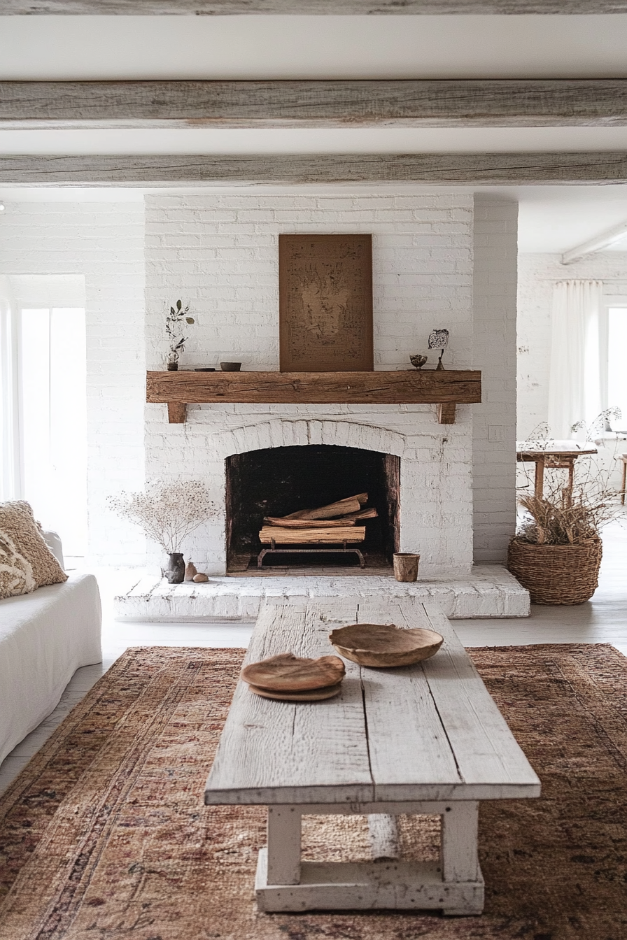 Boho-farmhouse living space. Whitewashed brick fireplace with distressed wooden mantel.