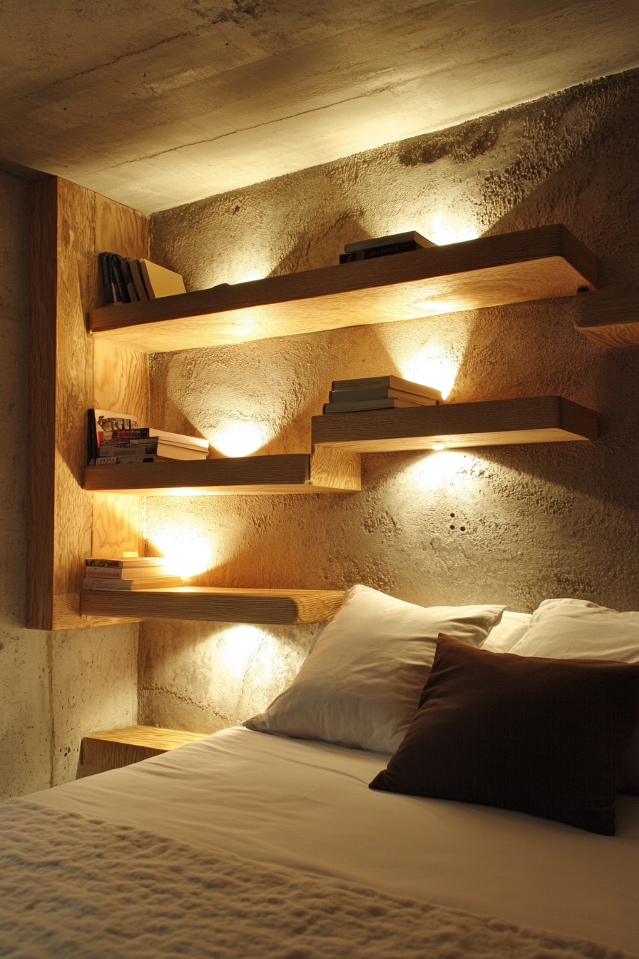 Bedroom design. Wall-mounted shelves with ambient lighting.