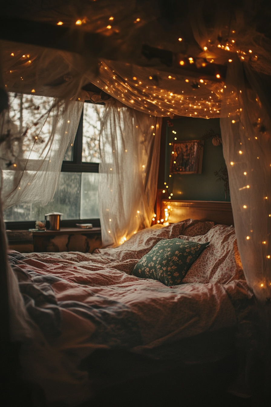 Bedroom design. Canopy bed with fairy light decorations.