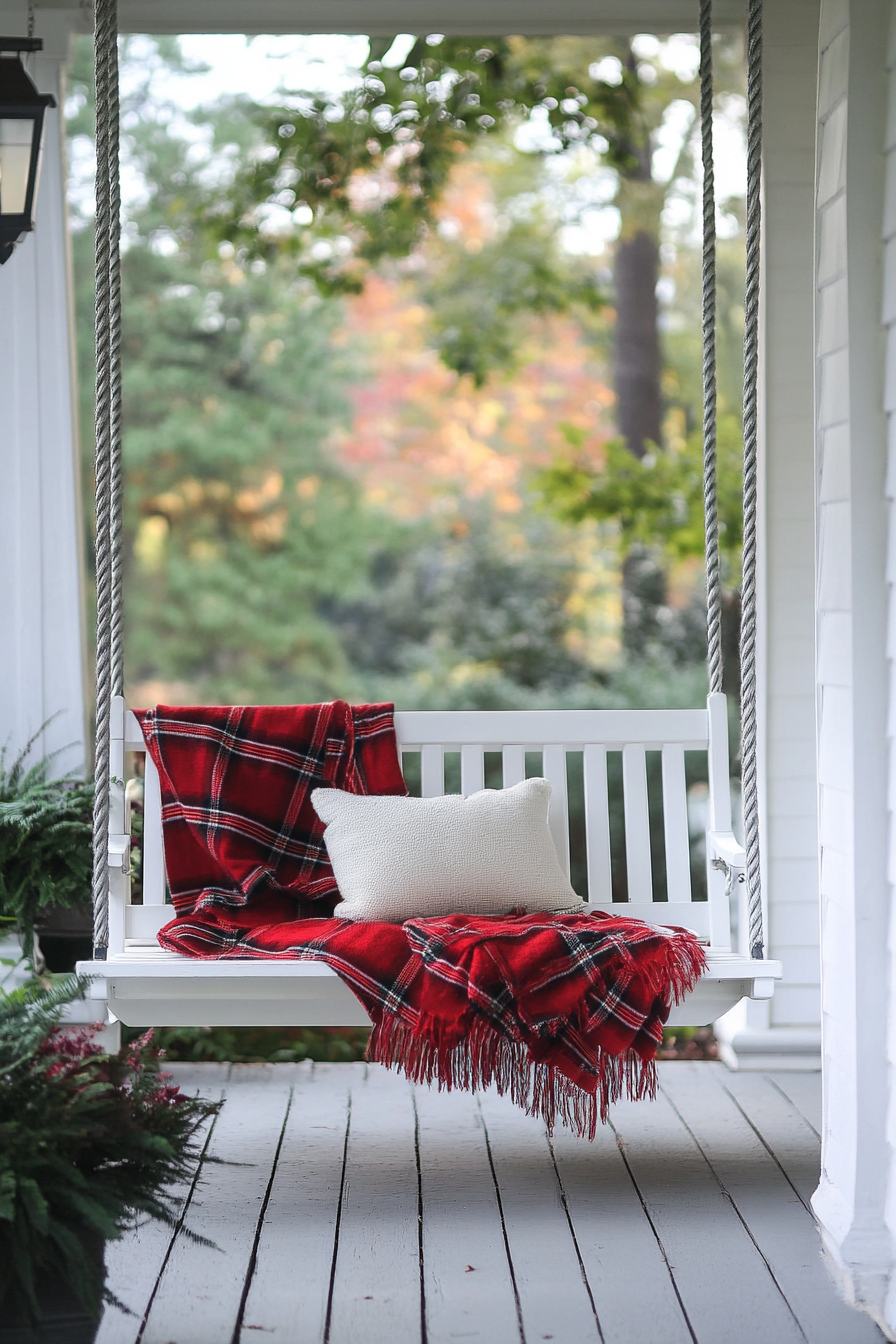 Front porch design. White swing bench with a red plaid blanket.