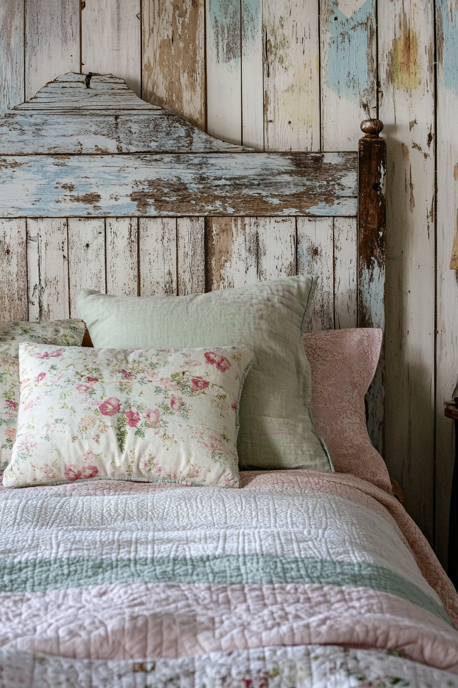 Cottagecore-industrial bedroom. Distressed wood bed with pastel quilt.