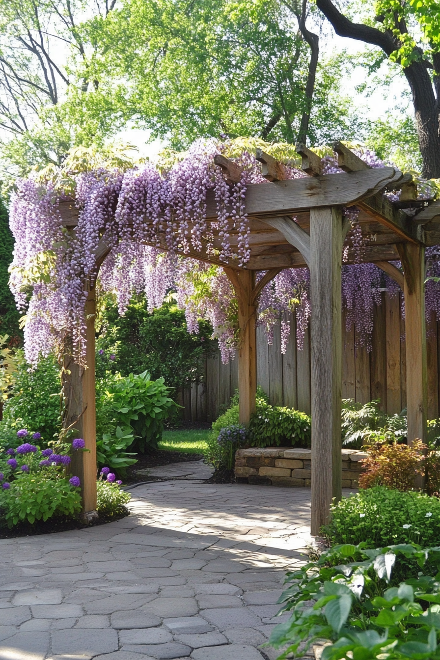 Backyard garden retreat. Wooden pergola draped with lilac wisteria.