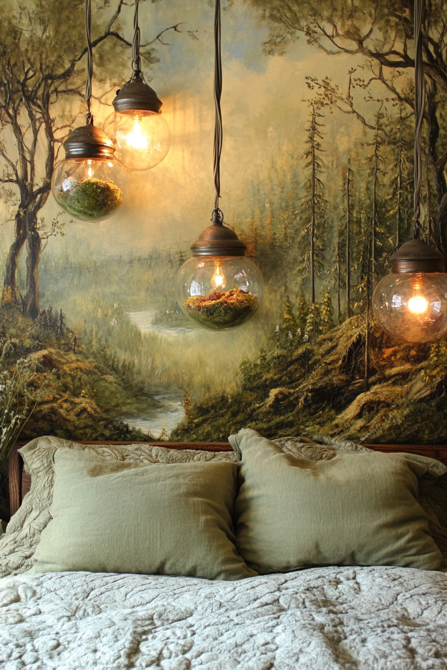 Bedroom design. Forest-themed wall painting with hanging terrariums.