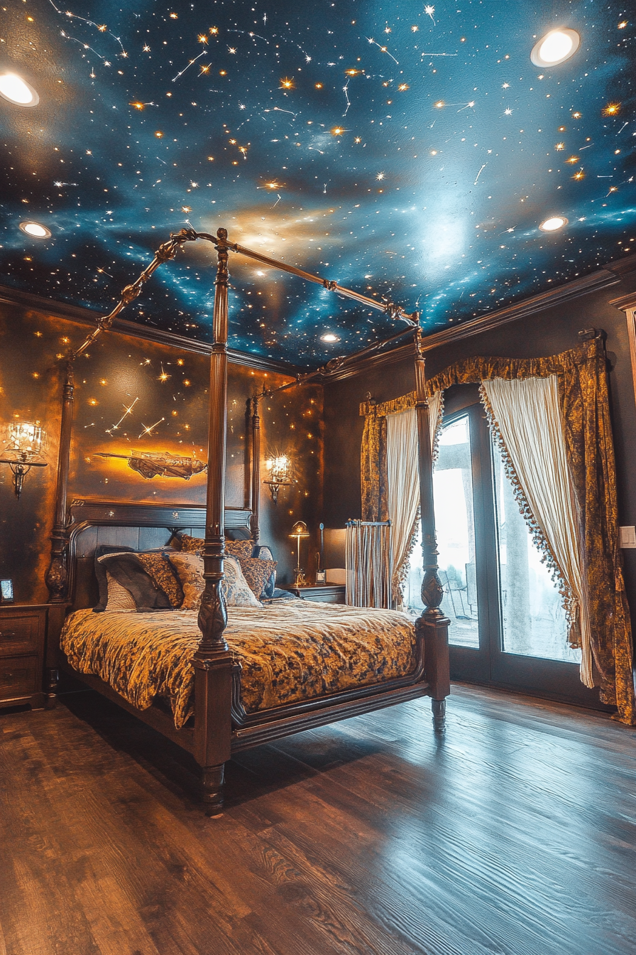 Bedroom design. Suspended bed with constellations painted on the ceiling.