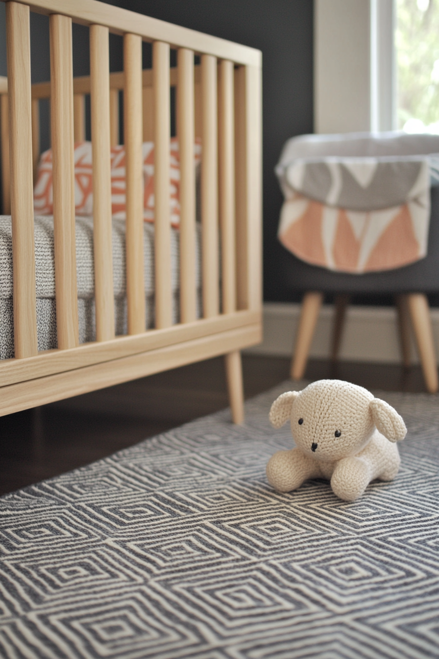 Contemporary baby room. Natural wood crib with grey geometric patterned rug.