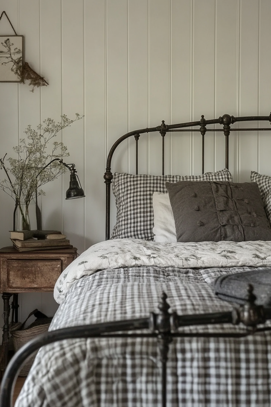 Cottagecore-Industrial bedroom. A vintage wrought iron bed with gingham quilted blankets.