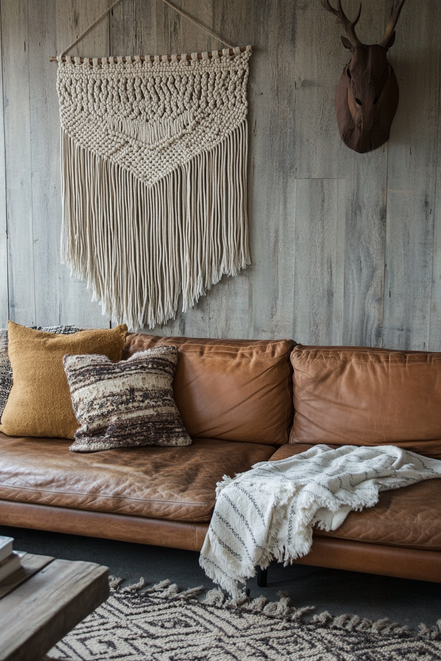 Living space. Distressed leather sofa with macrame wall hanging.