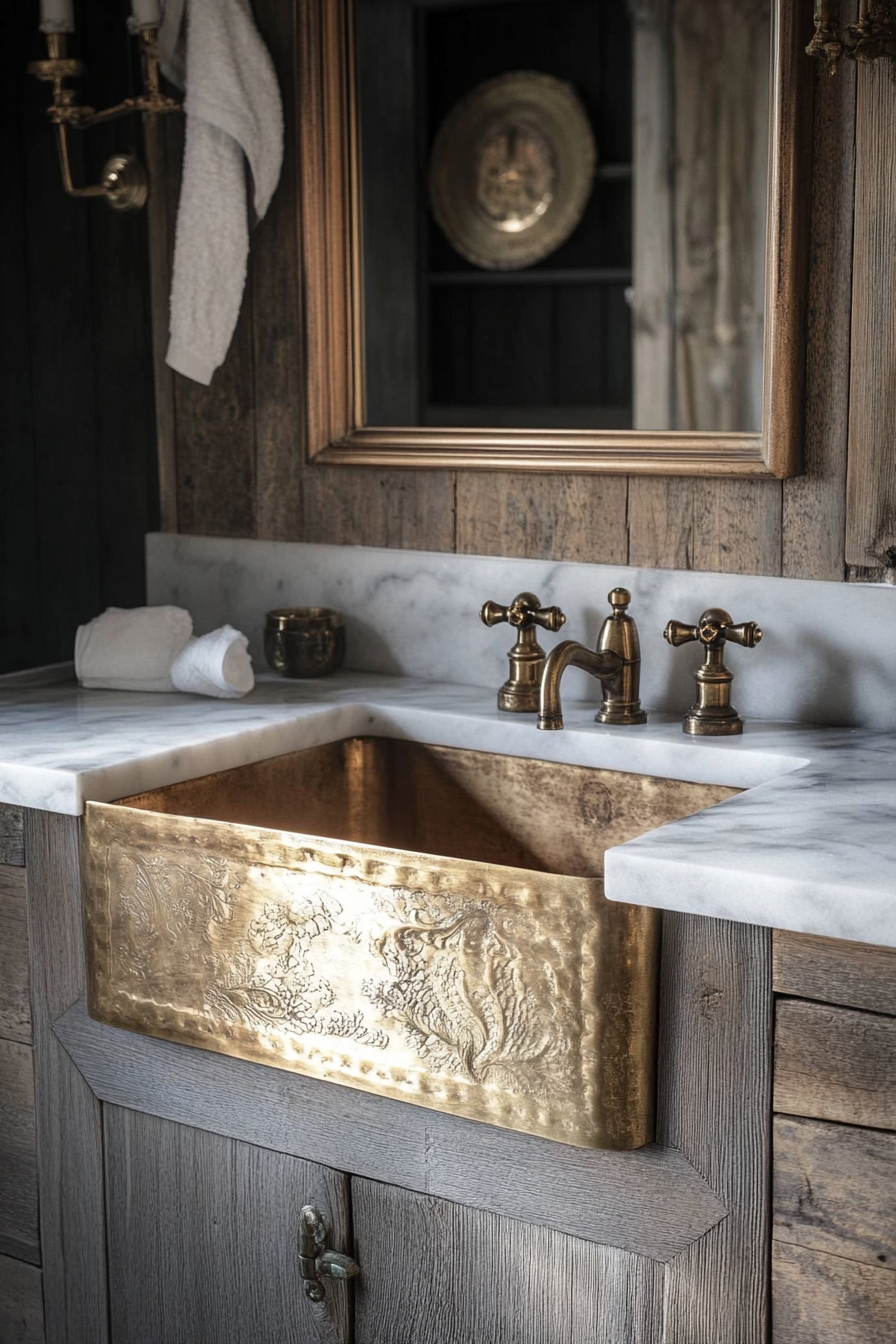 Glam-Rustic Bathroom. Brass farmhouse sink on a marble vanity.