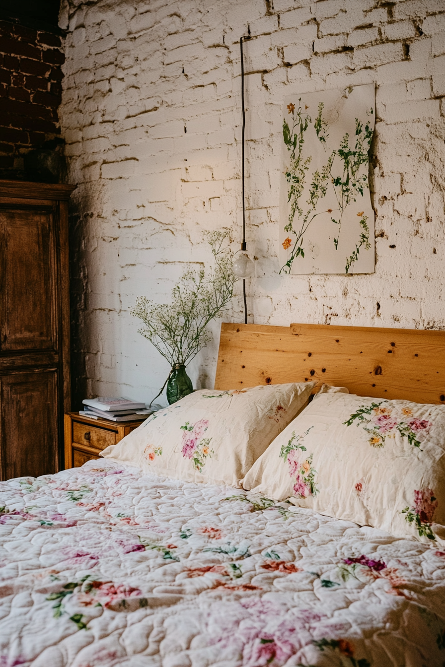 Cottagecore-Industrial bedroom. Bare brick wall with dainty floral quilt.