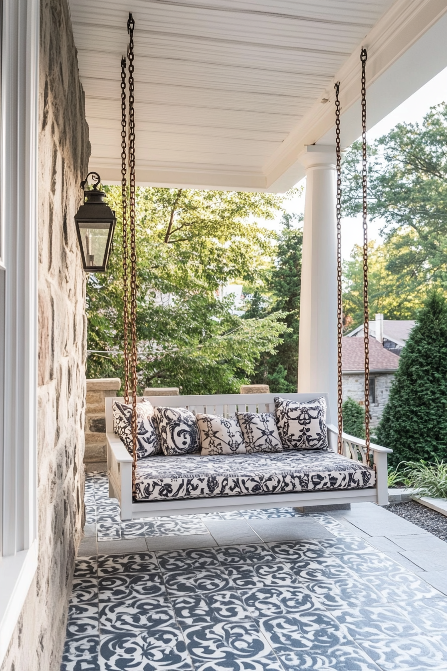 Front porch design. Swing bench with patterned cushions.