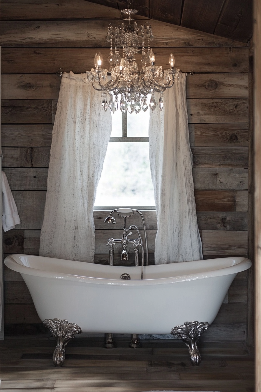 Glam-rustic bathroom. Vintage clawfoot tub with crystal chandelier overhead.