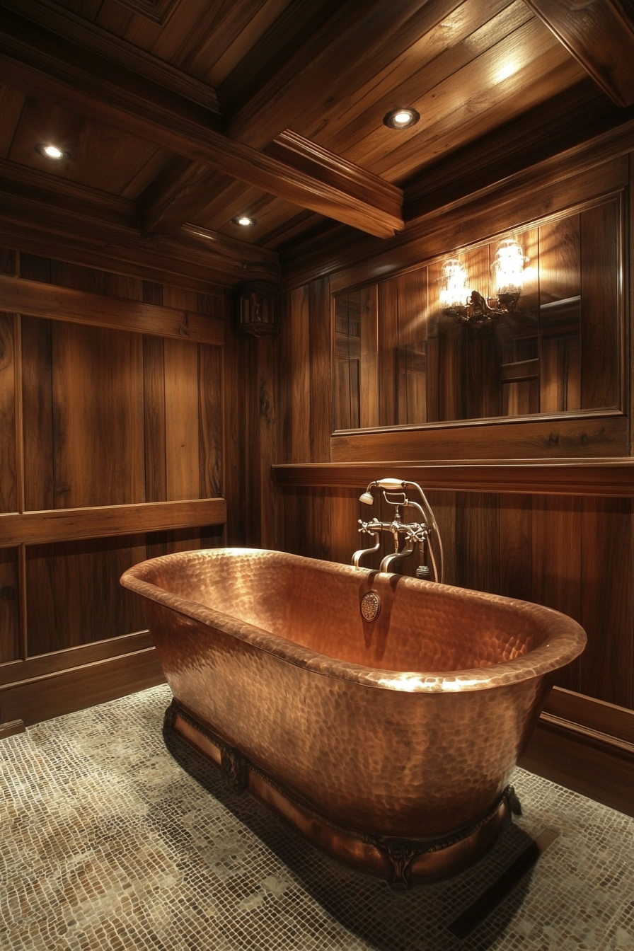 Glam-Rustic Bathroom. Copper tub with cedar wood paneling.