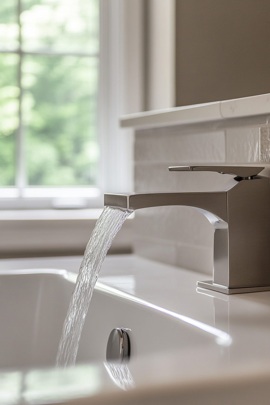 Modern bathroom update. Wall-mount waterfall bathtub faucet in brushed nickel.