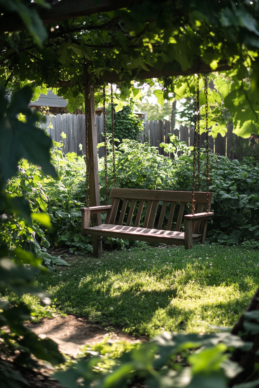 Backyard Garden Retreat. Wooden swing nestled among the cucumber vines.