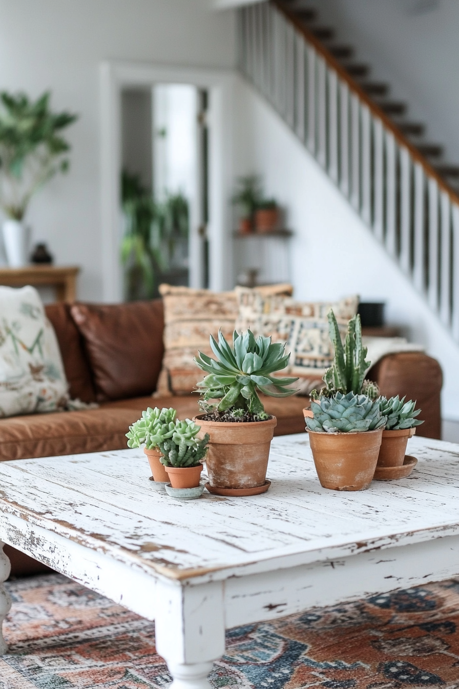 Boho-Farmhouse living space. Distressed white coffee table with potted succulents.