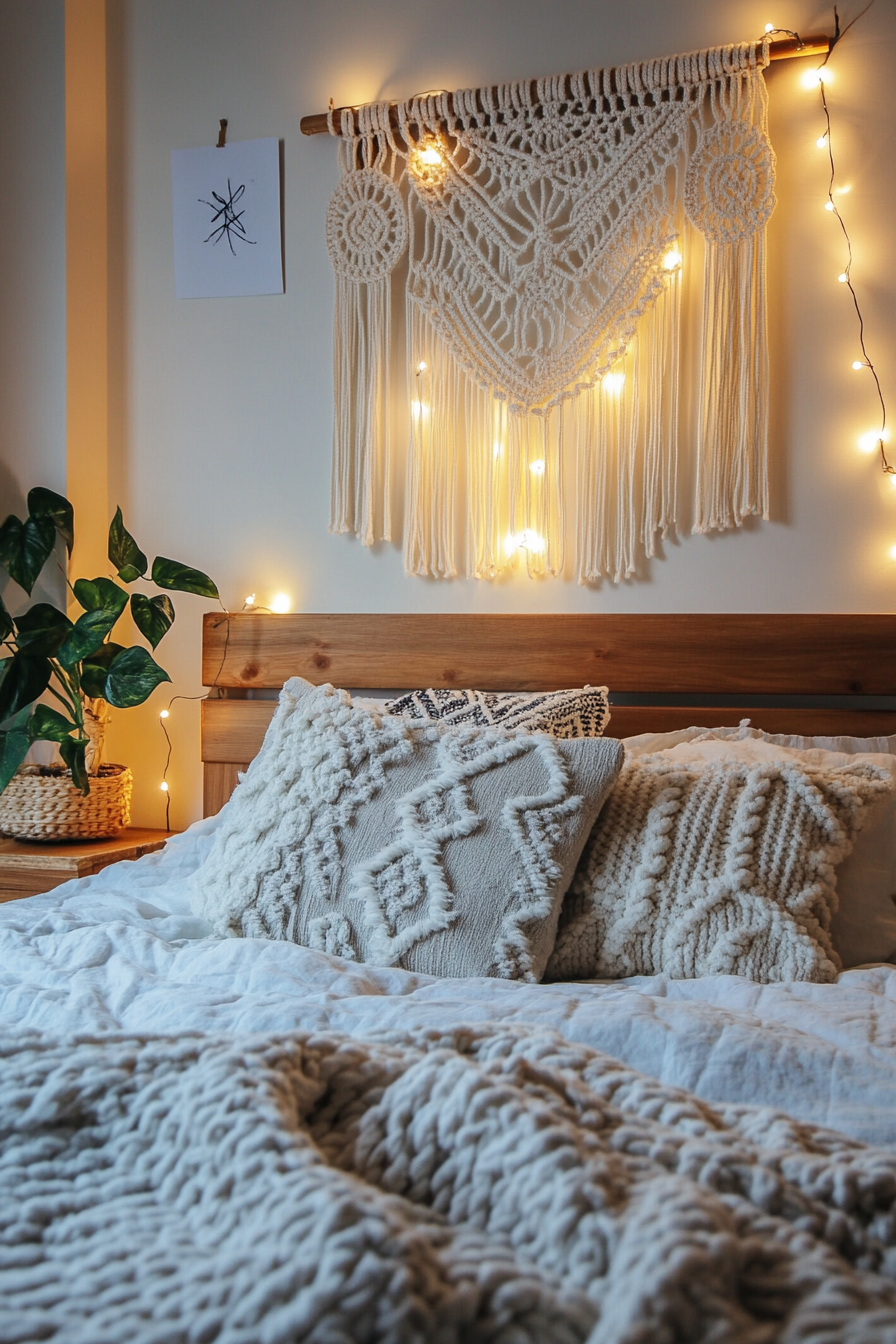 Boho Bedroom Makeover. Macrame wall hanging with twinkling fairy lights.