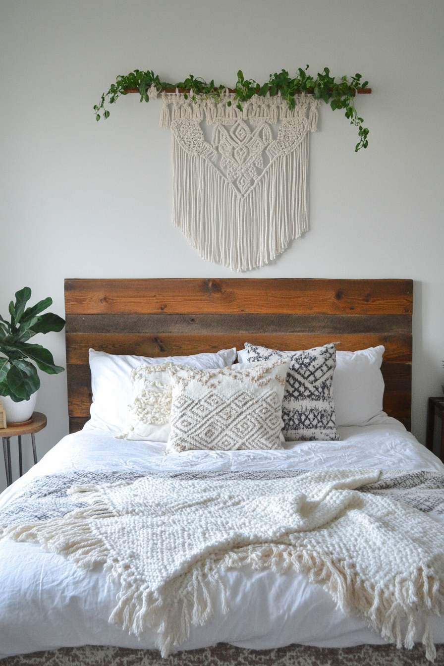 Boho bedroom makeover. Macrame wall hanging above reclaimed wood headboard.