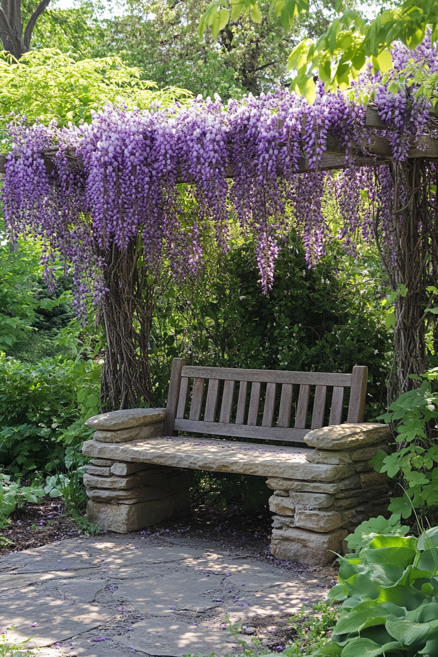 Backyard garden retreat. Cotswold stone bench resting under bloomed wisteria trellis.