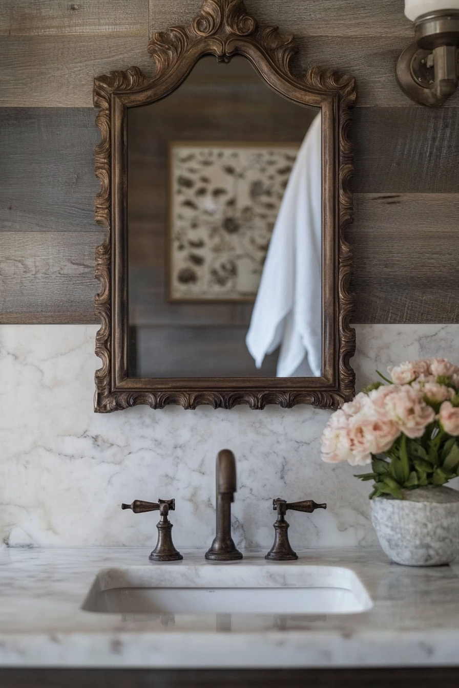 Glam-Rustic bathroom. Bronze vintage mirror over a marble sink.