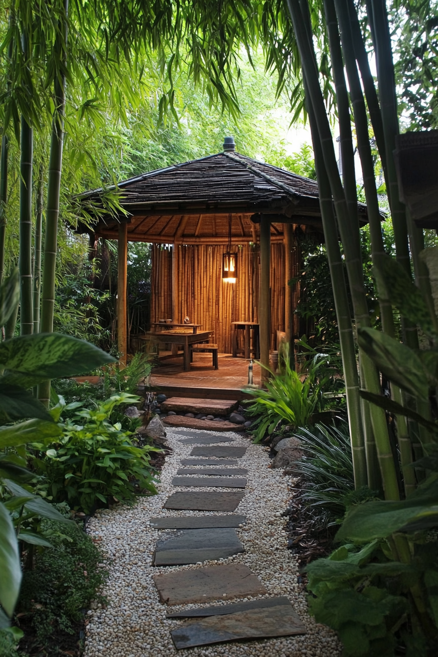 Backyard garden retreat. Asian-inspired teahouse amongst verdant bamboo.