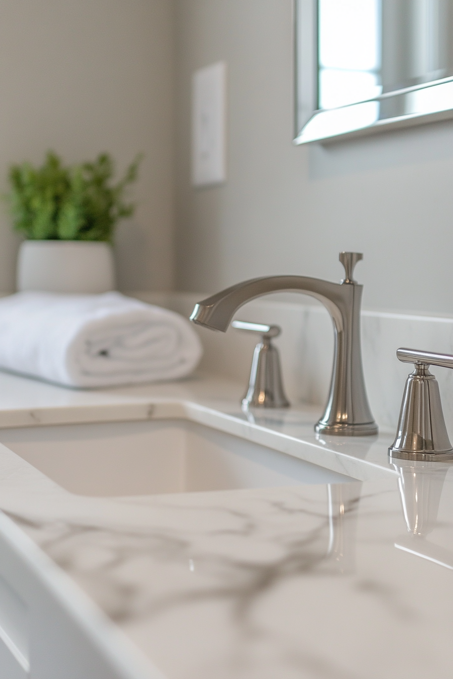 Modern bathroom update. Marble countertop with brushed nickel fixtures.