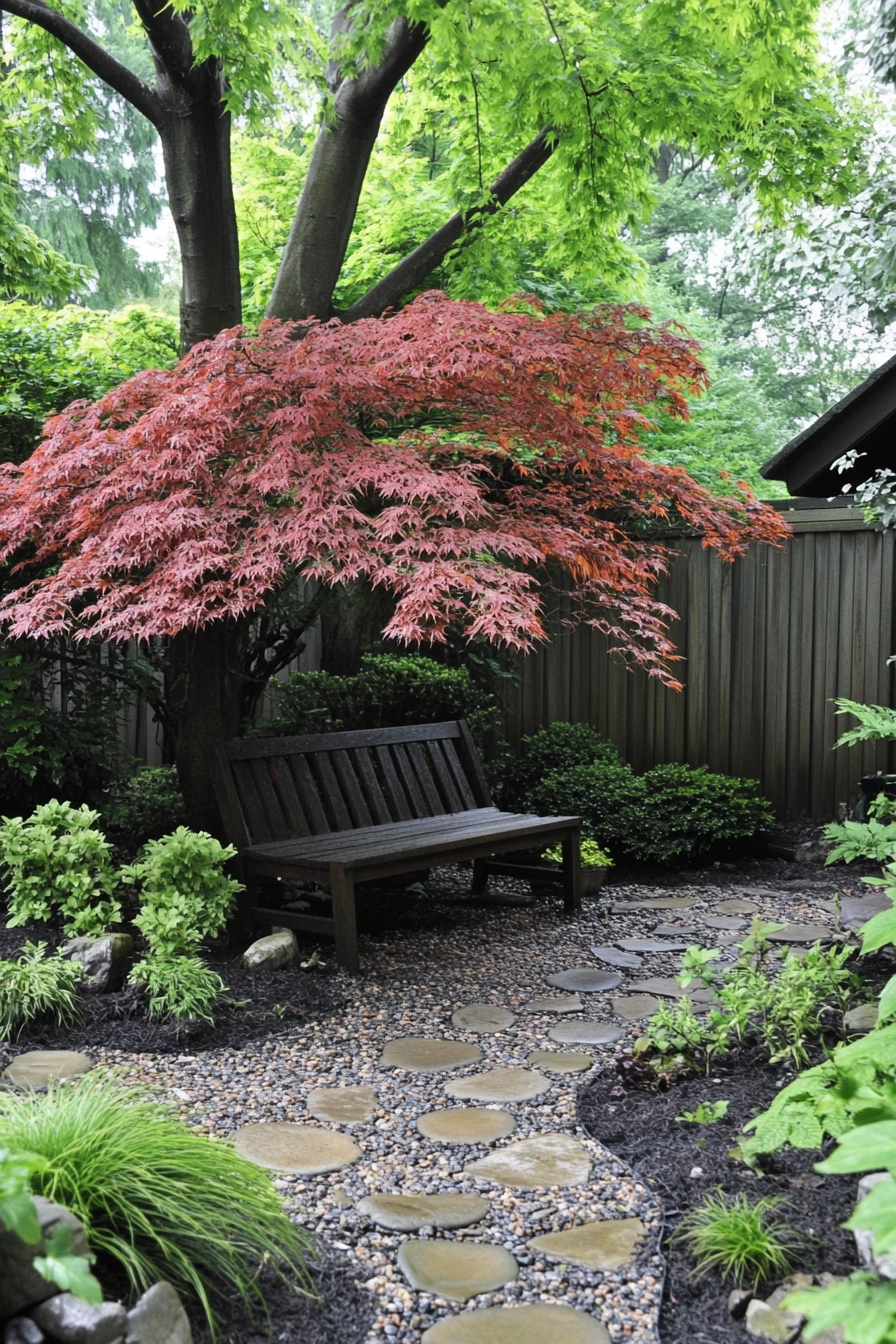 Backyard garden retreat. Japanese maple with cobblestone path and wooden bench.