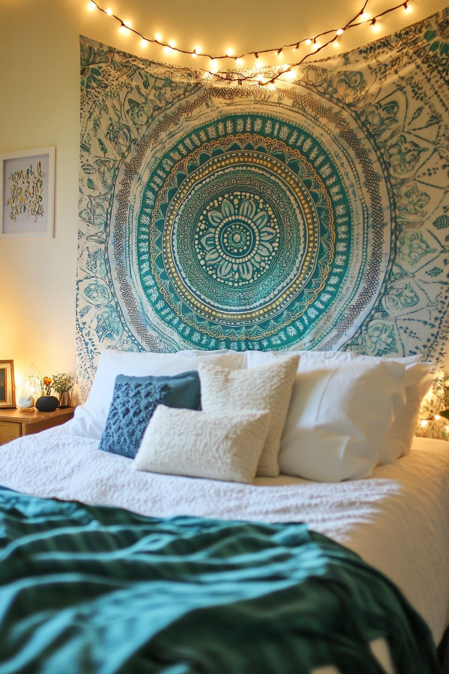 Teen boho bedroom makeover. Turquoise mandala tapestry as a wall hanging.