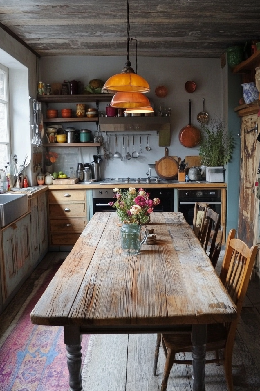 Bohemian kitchen style. Rustic wooden table with mismatched vintage chairs.