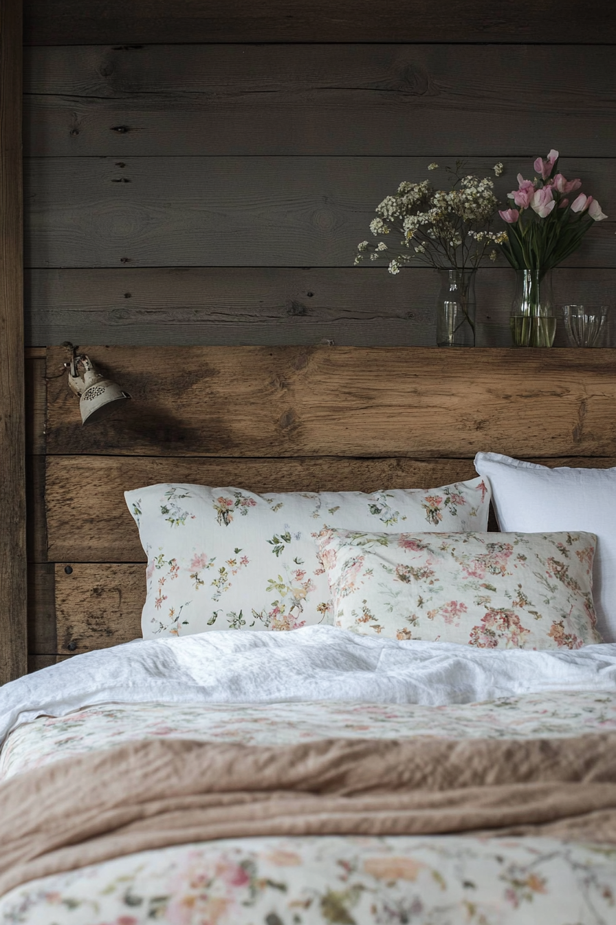 Bedroom design. Reclaimed wood bed with pastel floral bedding.